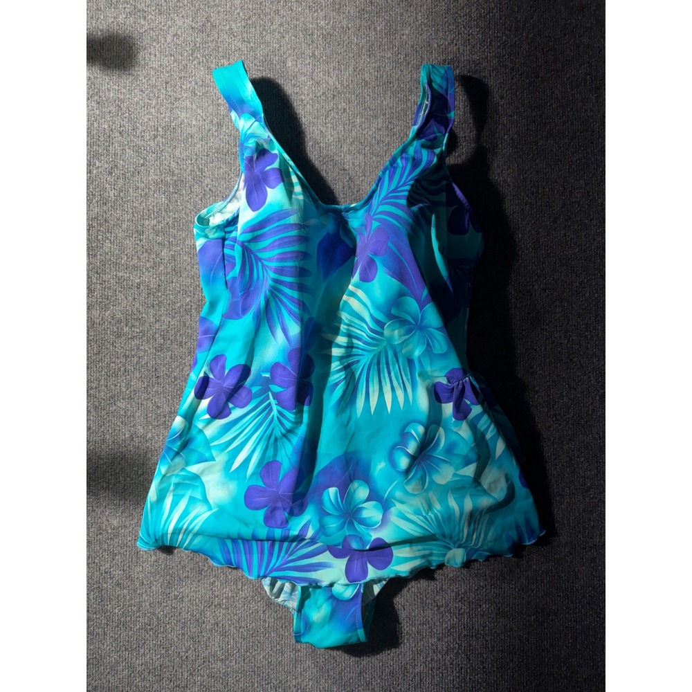Rose Marie Reid Swim Dress Women 18 Blue Excellent Tropical Floral One Piece